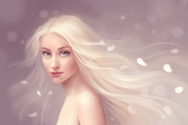 Chica con el pelo blanco y pétalos de flores