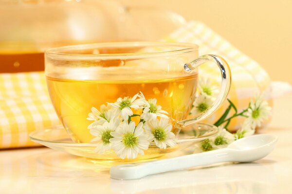 Té en taza y con flores y con cuchara