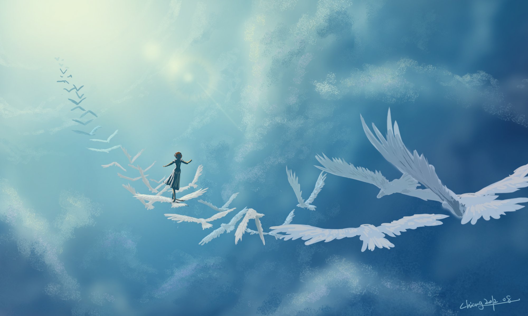 arte en el cielo pájaros chica fantasía nubes