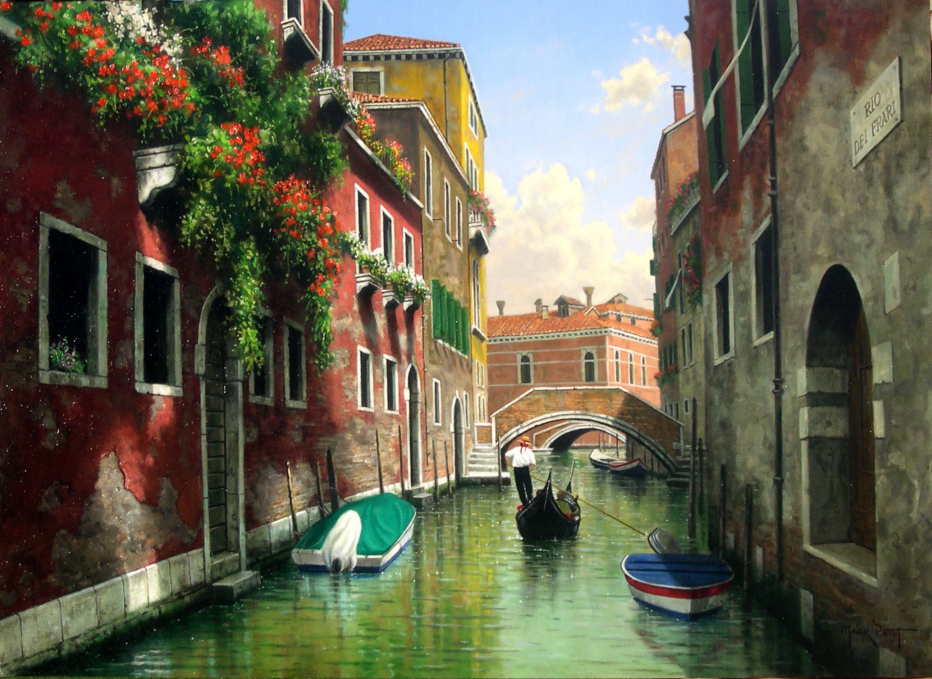pintura marc petite venecia italia canal casas ventanas puente góndola barcos balcones flores agua