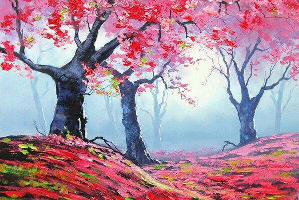 Naturaleza otoñal con hojas rojas