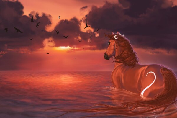 Caballo rojo de pie en el río rojo de la puesta del sol