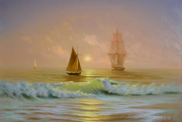 En el mar al amanecer se pueden encontrar barcos y barcos