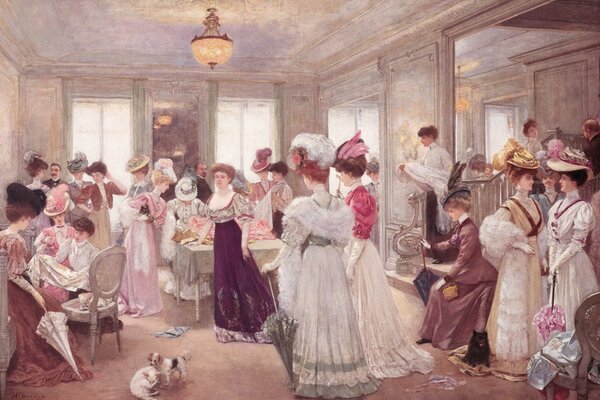 Señoras en hermosos trajes, y sus perritos