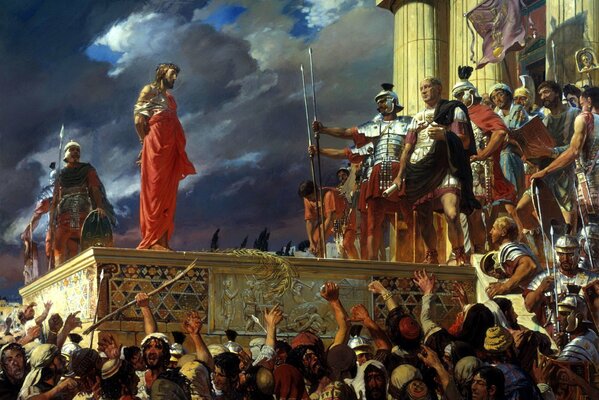 Una multitud observa a Jesús en rojo