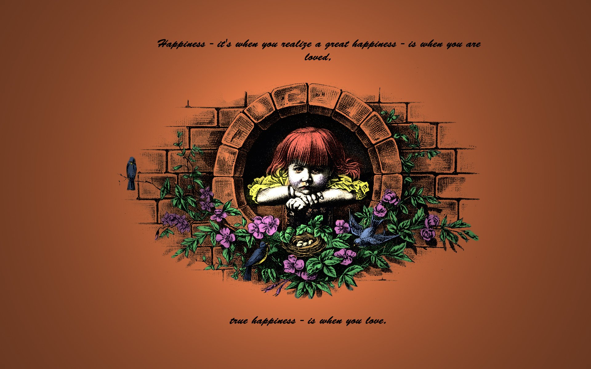 chica pelirroja pájaros flores palabras