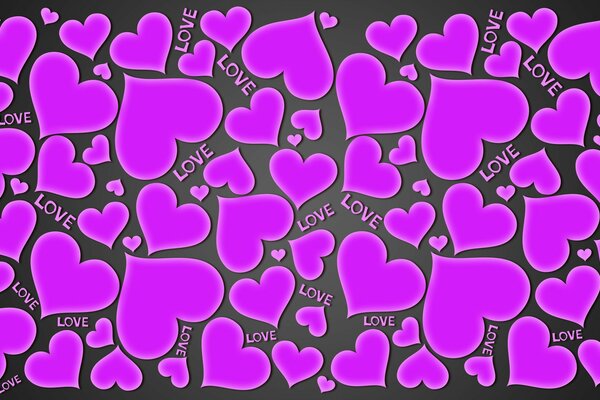 Corazones morados y letras de amor sobre un fondo oscuro