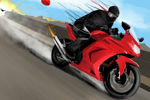 Ninja en una motocicleta con un globo de aire caliente