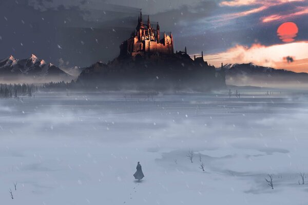 Un hombre camina por un campo cubierto de nieve hasta el castillo