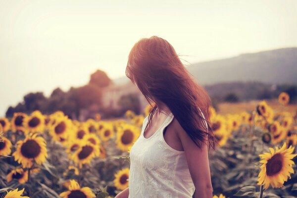Chica en un campo de girasoles amarillos