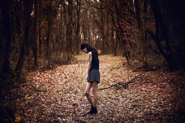Chica en falda corta de otoño en el bosque en la carretera