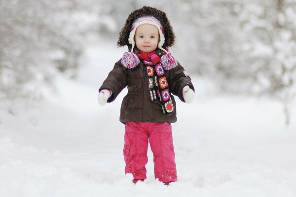 Niña en abrigo de invierno y nieve