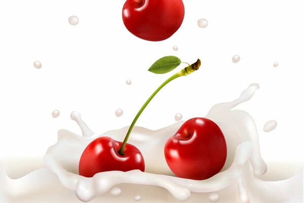 Cereza cae maravillosamente en la leche