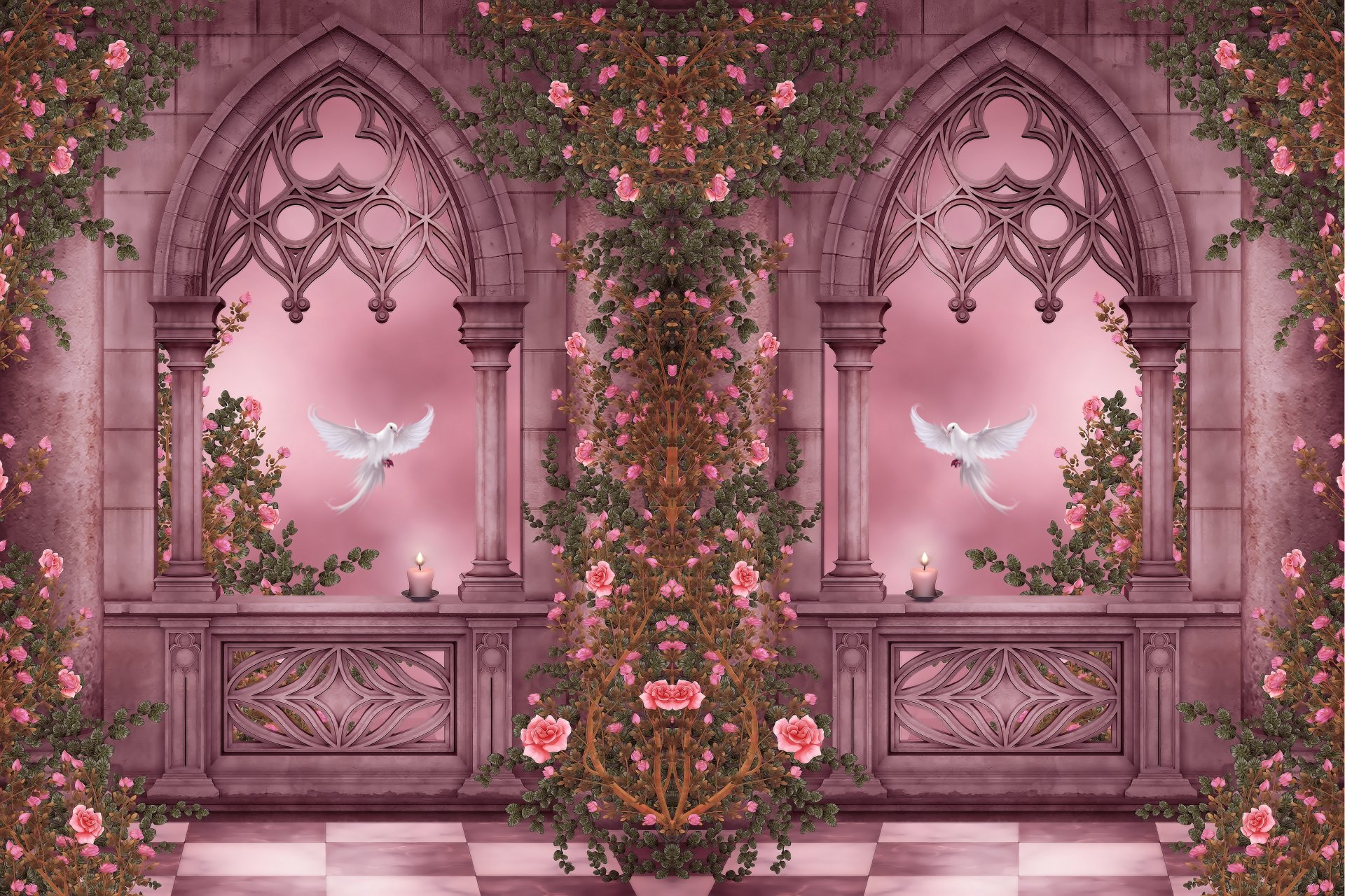 rose garden columnas palomas arcos rosas flores guirnaldas velas jardín de rosas columnas ventanas
