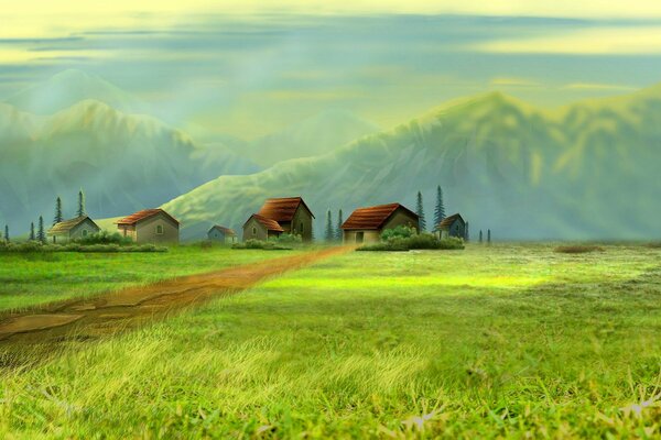Arte del paisaje con pequeñas casas y un campo verde