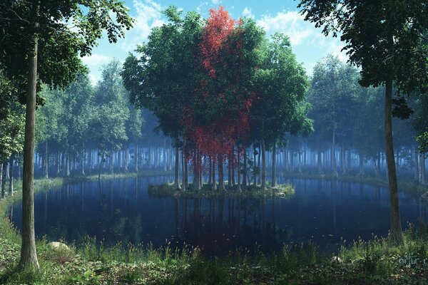 Isla mágica en medio de un lago forestal