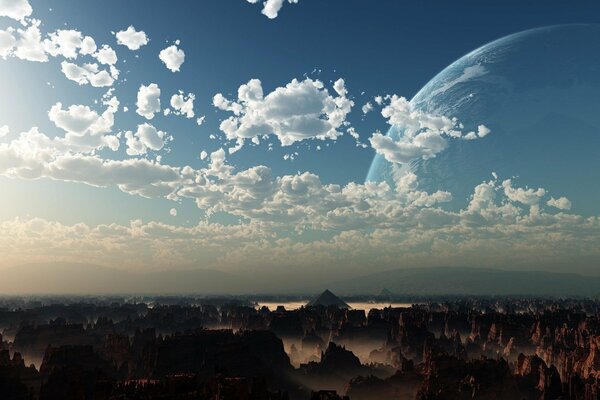 Paisaje con el planeta en el cielo fondos de pantalla