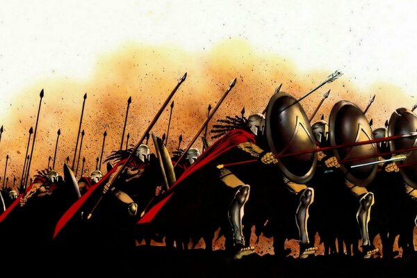 Ejército de espartanos marchando a la batalla