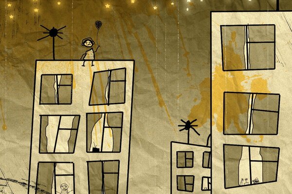 Triste dibujo de un niño en el techo de una casa