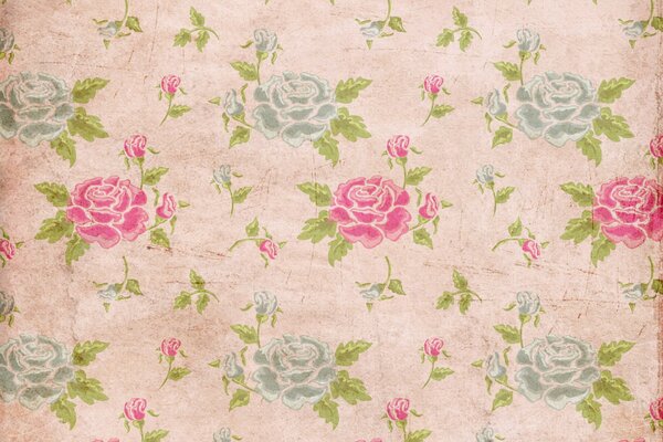 Papel pintado Vintage con rosas Rosadas y azules