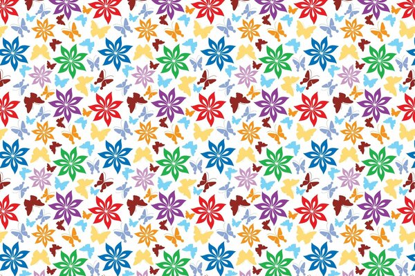 Mariposas multicolores y flores sobre fondo blanco