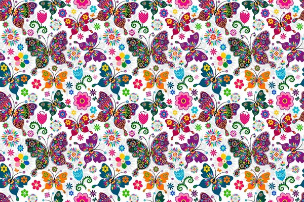 Patrón de mariposas y flores sobre fondo blanco