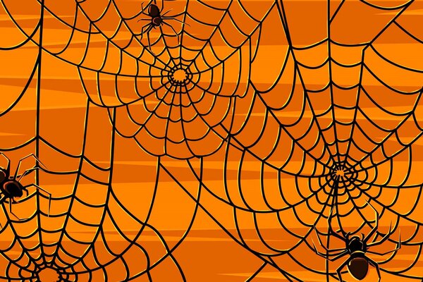 Patrón de telaraña negra con arañas sobre fondo naranja