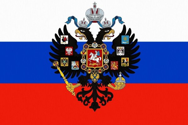 Escudo de armas de Rusia en el fondo de la bandera de Rusia