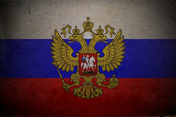 Tricolor-bandera de Rusia con el escudo de armas