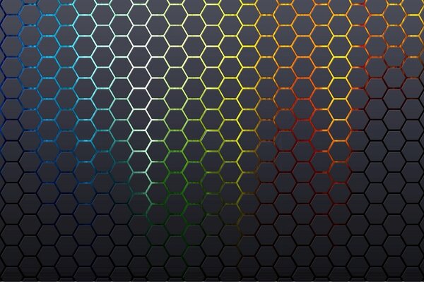 Sobre un fondo negro, un patrón multicolor de panal