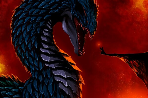 Un personaje de ficción dragón azul oscuro cubierto de escamas chisporrotea la mirada de un hombre con un bastón