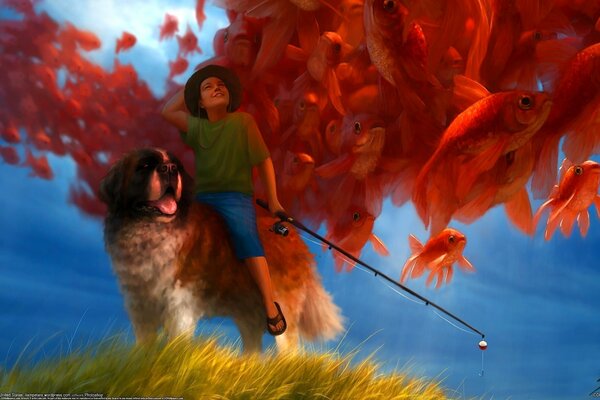 Niño pescador tiene un perro y una caña de pescar