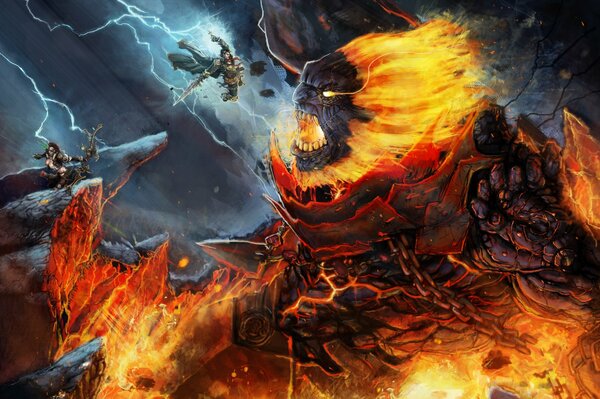La batalla de los guerreros con el León. Arte de fantasía