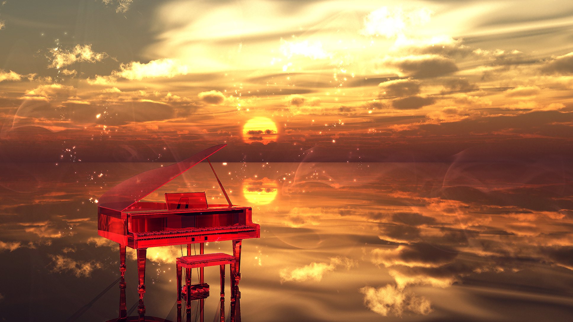 puesta de sol agua nubes chispas instrumento musical