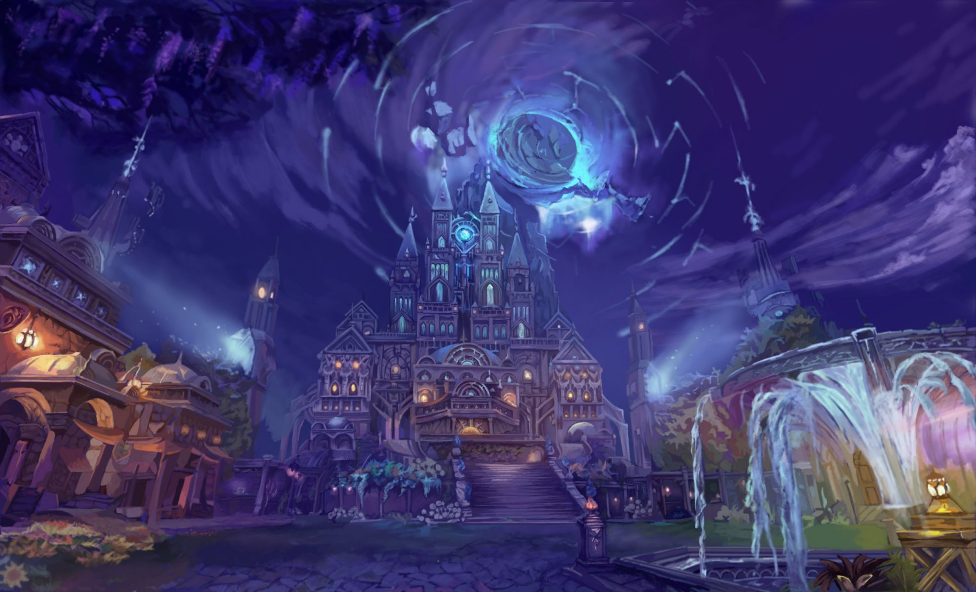 fantasía arte arte fuente agua ciudad hogar linternas luz noche cielo