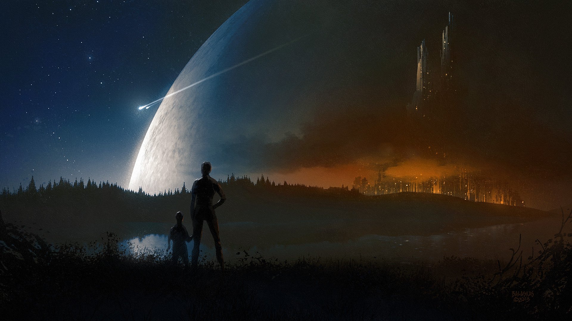 arte christopher balaskas planeta vista gente ciudad noche luces lago barcos huella estrellas