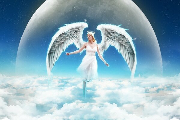 Chica ángel con alas en el fondo de una esfera blanca volando sobre las nubes