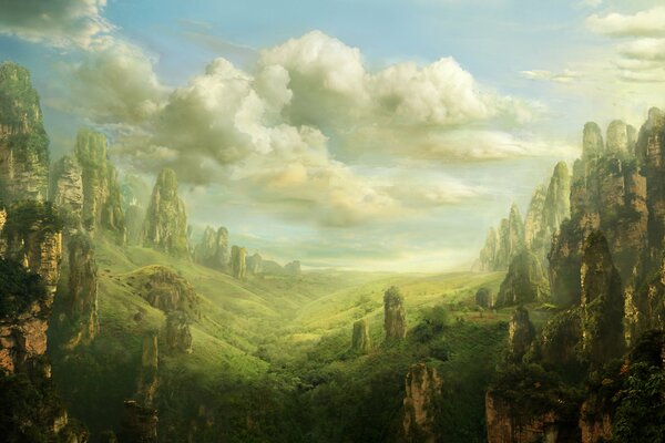 Paisaje de fentesia de un valle verde con rocas