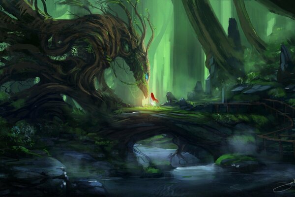 Bosque de hadas con un dragón y una chica