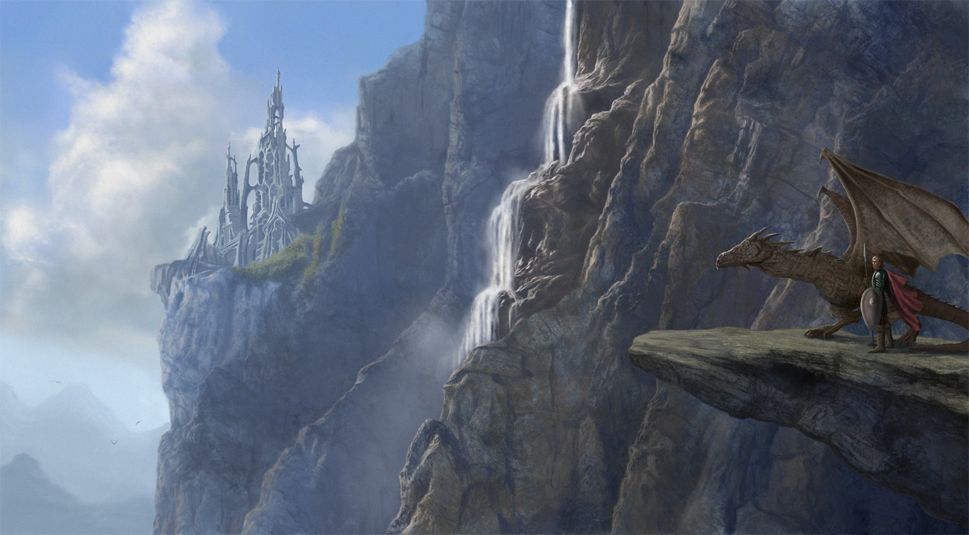 arte montañas roca acantilado dragón hombre fantasía castillo ruinas cascada