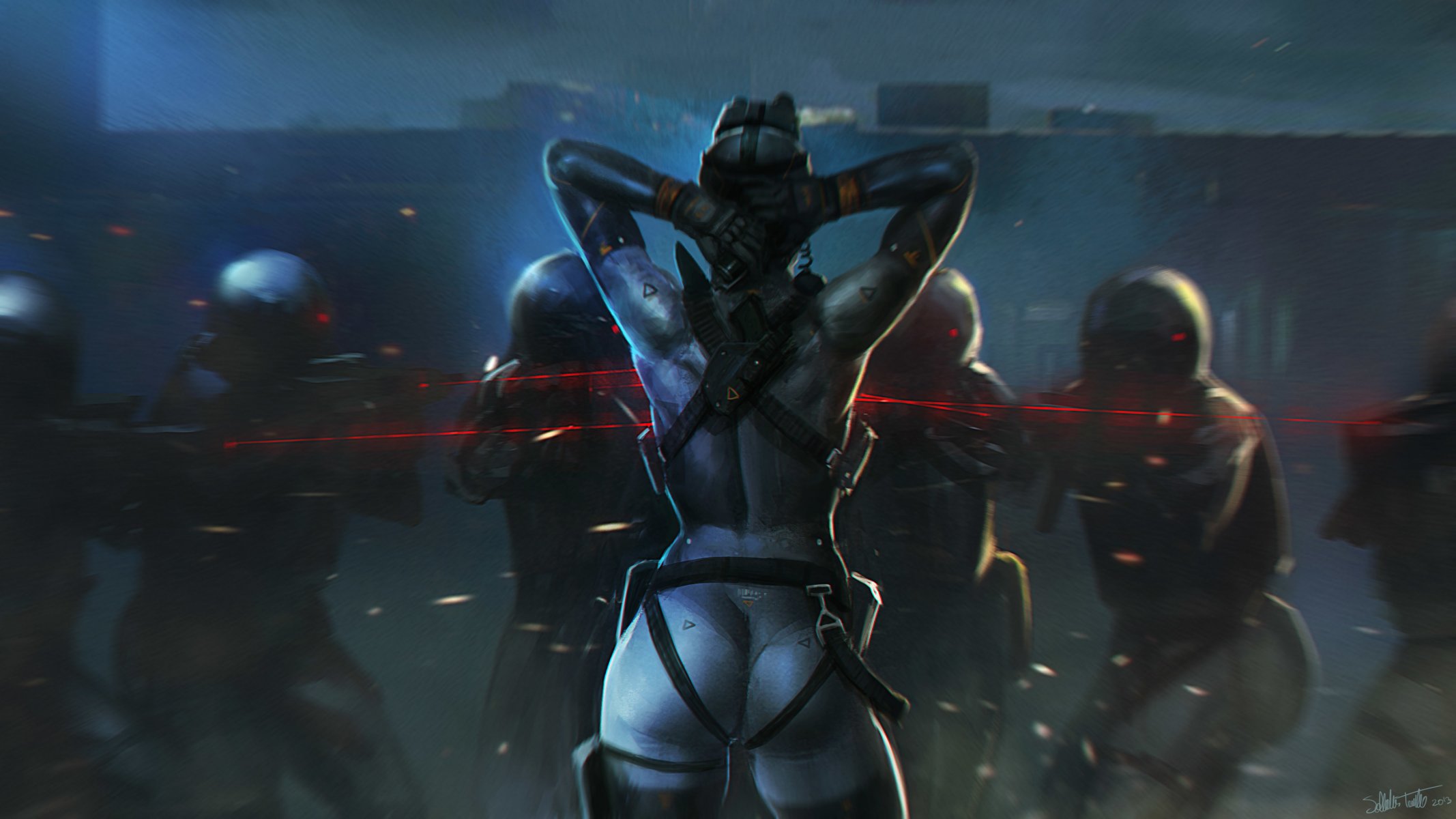 arte salvador trakal chica soldados comando enemigos noche espalda vista láser