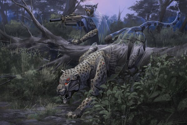 Robot y gato salvaje disfrazados en el bosque