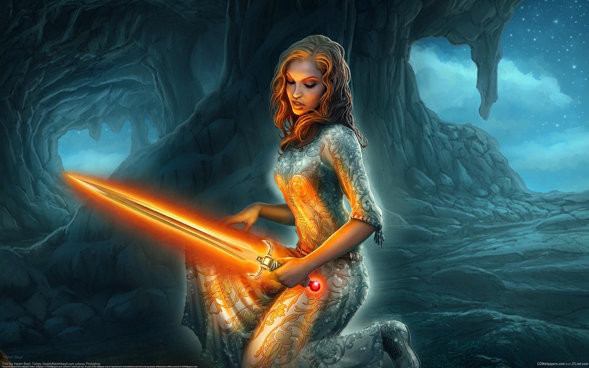 arte kerem beyit chica espada magia rocas cueva