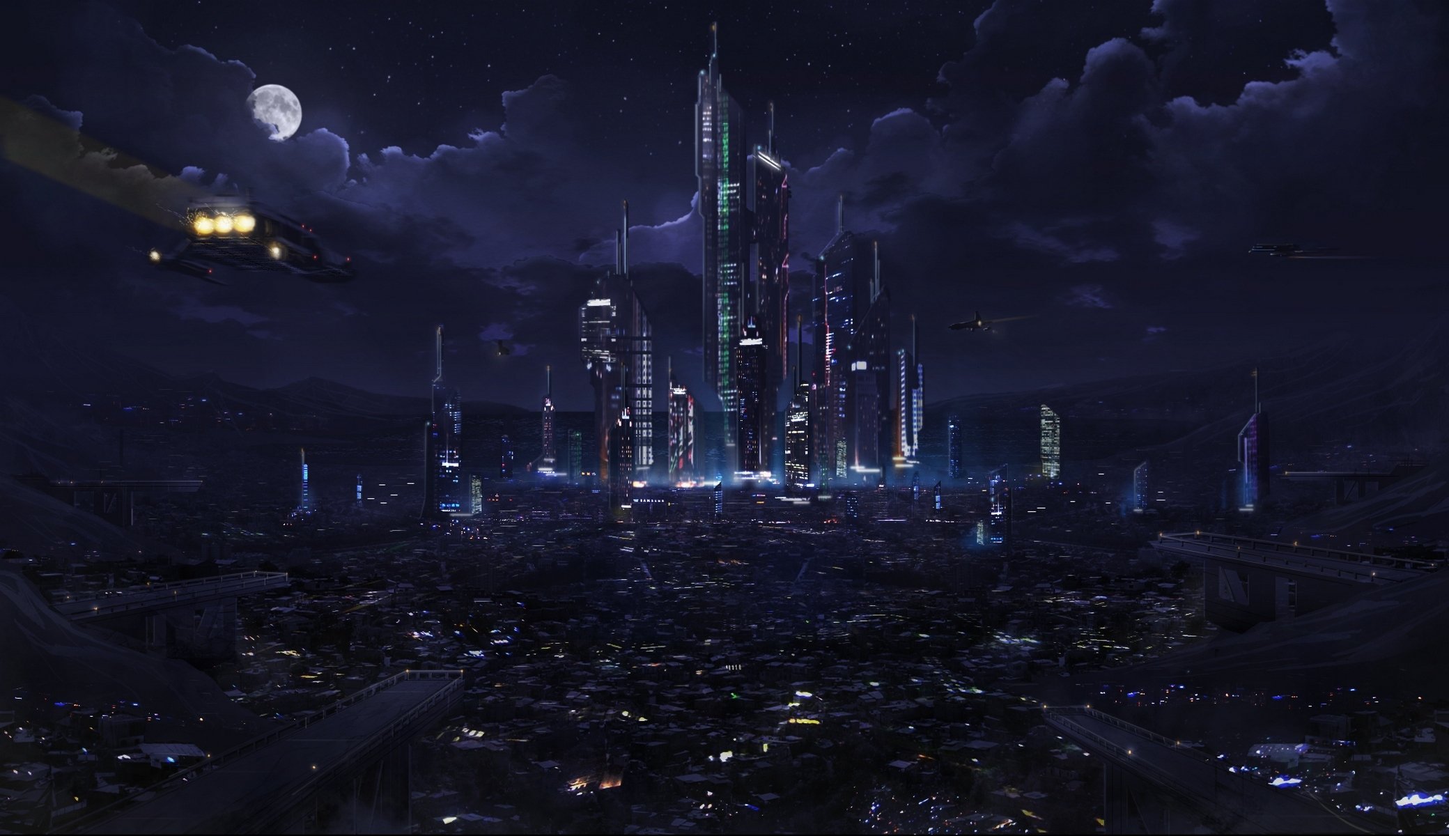plaza ken lebras astrokevin fantasía ciudad linternas futuro naves espaciales noche cielo nubes luna luces futuro ficción cielo nocturno