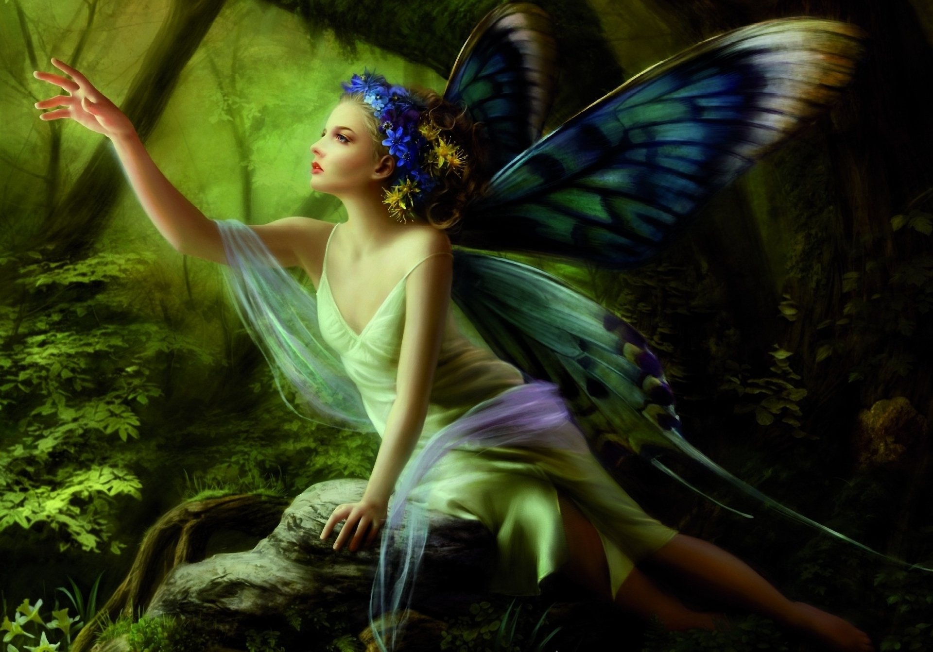 chica hada alas mariposas bosque piedra sentado mano corona flores