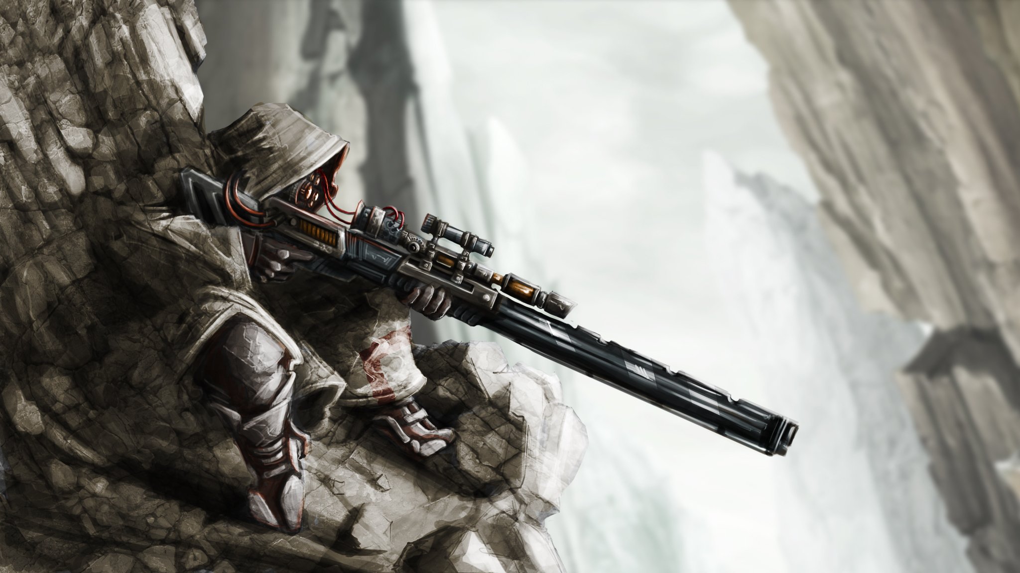 arte francotirador rifle rocas alambres capucha