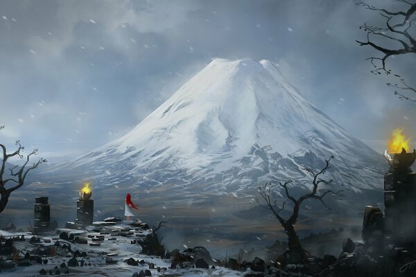 Un hombre solitario en el fondo de un volcán solitario