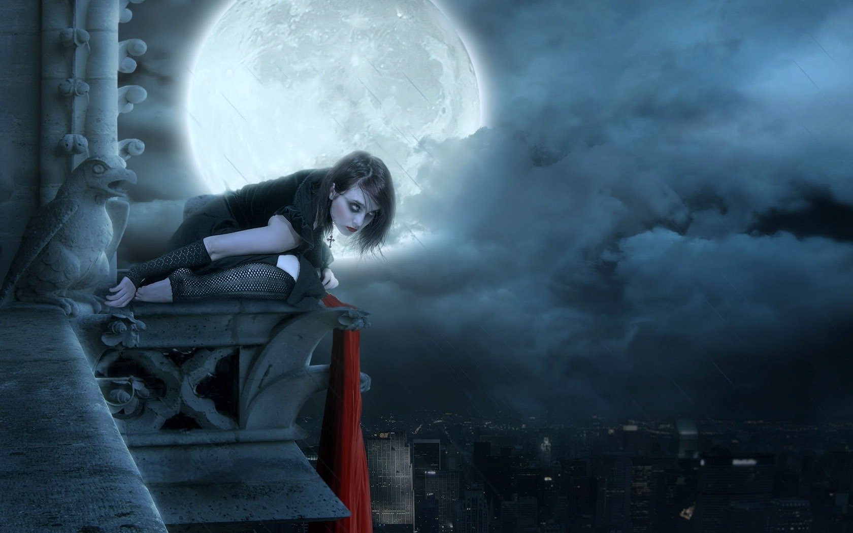 luna ciudad lluvia techo chica