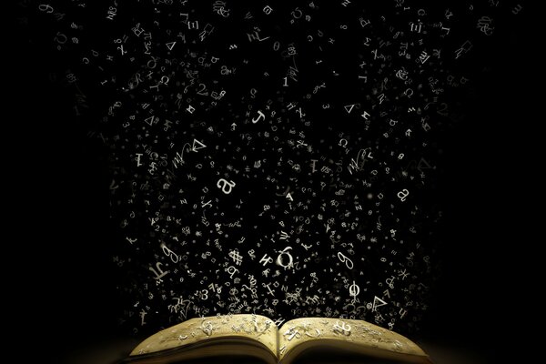 Un libro sobre el que se ciernen misteriosas letras sobre un fondo oscuro