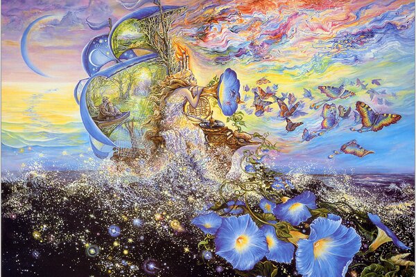 Flores y mariposas salen volando de la tubería
